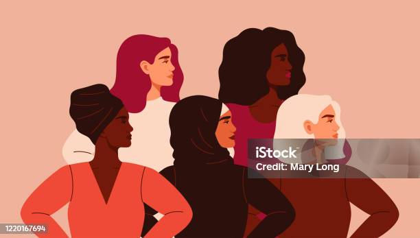 Five Women Of Different Nationalities And Cultures Standing Together Stock Illustration - Download Image Now