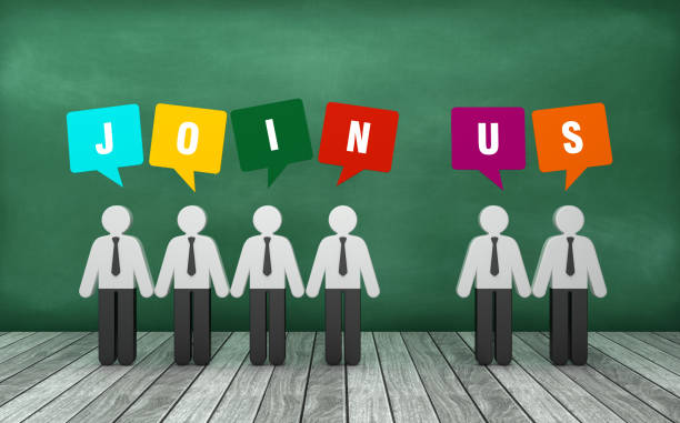 istock Pictogram People with JOIN US Bubble Speech on Chalkboard - 3D Rendering 1220167719