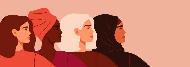 illustrations, cliparts, dessins animés et icônes de portraits de quatre femmes de nationalités et de cultures différentes debout ensemble. - vêtement modeste