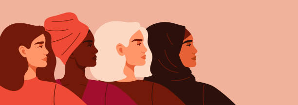 illustrazioni stock, clip art, cartoni animati e icone di tendenza di ritratti di quattro donne di diverse nazionalità e culture in piedi insieme. - abbigliamento modesto