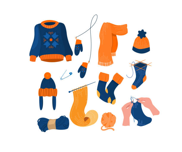 따뜻한 니트 액세서리 와 의류 세트 - crochet knitting hat wool stock illustrations