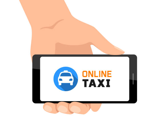 istock Online taxi concept with car icon. Mobile app service. Hand holding smartphone 1220170075