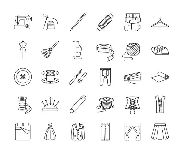 Sewing equipment and needlework line icon set. Equipment for a sewing studio. Custom clothing. Sewing equipment and needlework line flat icon set. Equipment for a sewing studio. Custom clothing. coat wool button clothing stock illustrations