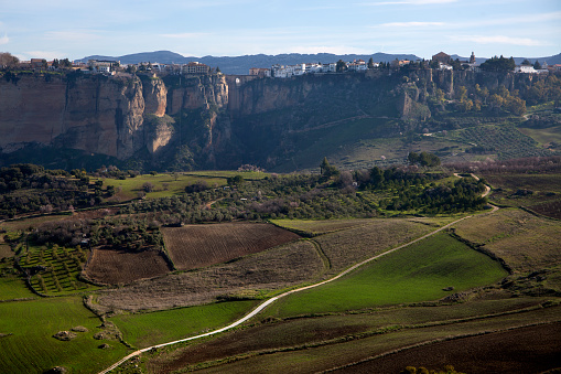 New Bridge in Ronda, Malaga. Spain. Panoramic view with hanging houses from Tajo gorge