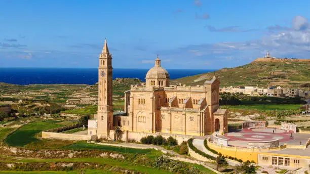 Famous Ta Pinu church on the Island of Gozo - Malta from above - aerial photography