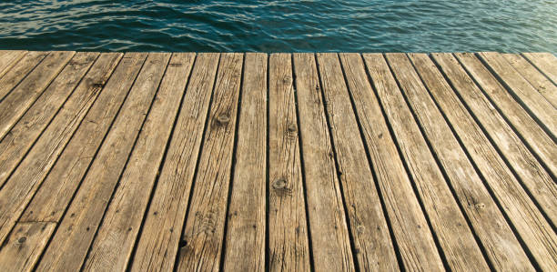 istock vintage wooden deck floor walk site waterfront pier horizontal simple background space with water surface outside view without people here 1220171940