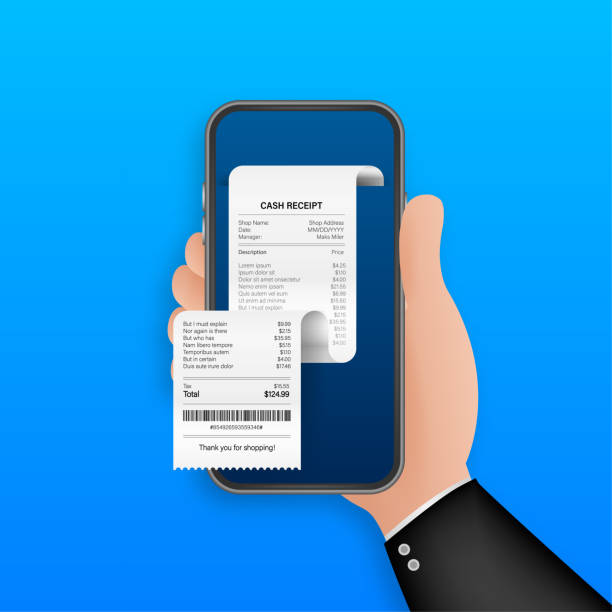 istock Receipt for smartphone screen. Pay tax online receipt Business card for mobile app design. Mobile bank app. Vector stock illustration. 1220173648