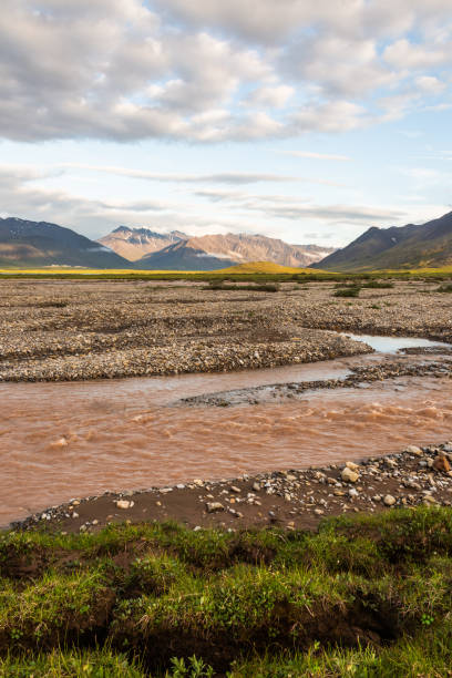 istock Looking down the Antigun Valley across a pink swollen river in the arctic. 1220174456