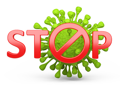 Green coronavirus and red stop sign. The concept of stopping a pandemic around the world. 3d illustration isolated on a white background.