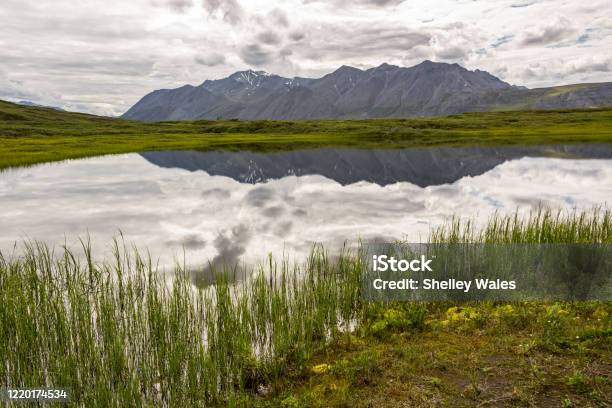 The Brooks Range And Cloudy Skys Reflected In A Thermokarst In Alaskas Arctic National Wildlife Refuge Stock Photo - Download Image Now