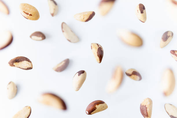 istock Shelled Brazil nuts flying above white background, levitation effect 1220175292
