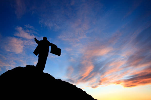 istock Silhouette of Businessman Holding Briefcase Standing on Summit 1220177489