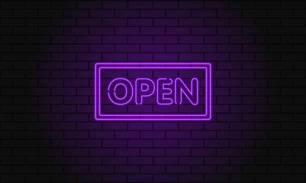 istock Retro club inscription Open. Vintage electric signboard with bright neon lights. Pink light falls on a brick background. Vector illustration 1220177936