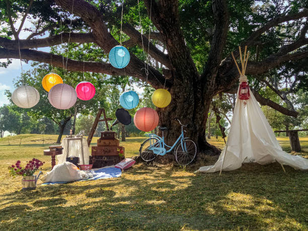 istock Funny surprise, a picnic in the park, romantic lunch under big tree, decoration idea 1220179889