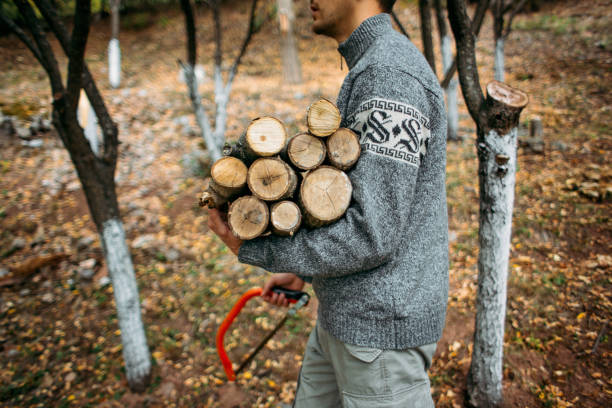 istock Strong lumberjack carrying wood 1220180408