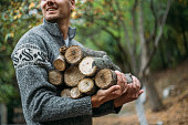 Young adult man gathering firewood in a forest