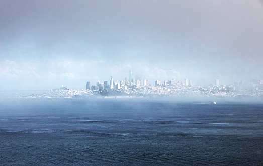San Francisco Skyline Panorama, foggy in a blue and grey tone