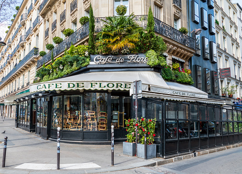 Paris, France - March 15 2020: Cafe de Flore closed in order to stop the spread of Coronavirus epidemia.