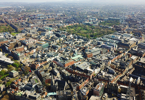 Aerial view of Dublin City centre looking south during lockdown of Covid 19