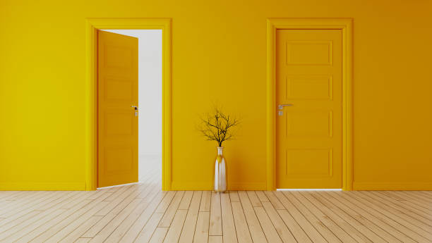 istock yellow wall with yellow opened door and closed door realistic 3D rendering 1220184650
