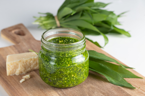 Ramson pesto made from, Samson, olive oil, parmesan cheese and nuts.