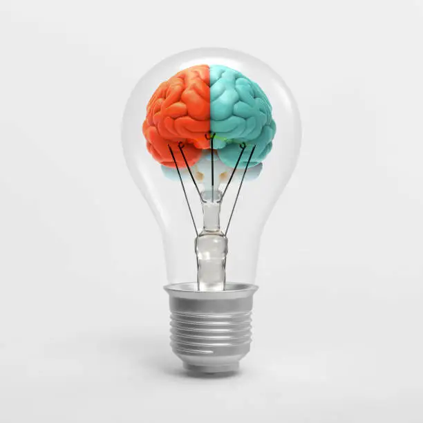 Photo of 3D rendering light bulb with brain inside illustration isolated on white BG
