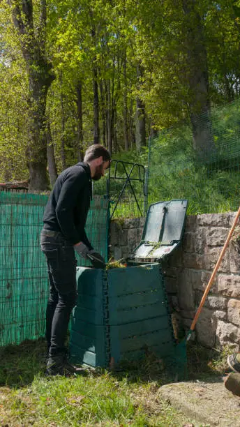Man in black throwing remains to composter in a small garden between plastic fence and stone wall
