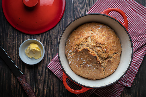 No knead bread baked in a cast iron pot.