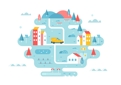 Delivery Service. Rural Area or Town Illustrated Map with Roads and Buildings. Tourism and Development Concept. Vector Flat Design.