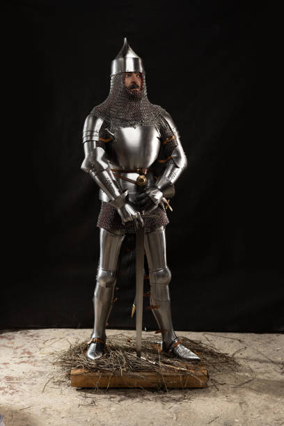 istock Mannequin man with a beard in a helmet and armor of a knight 1220191356