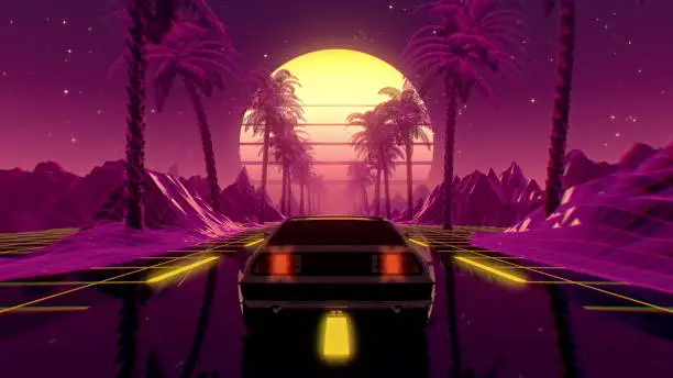 80s retro futuristic sci-fi 3D illustration with vintage car. Riding in retrowave VJ videogame landscape, neon lights and low poly grid. Stylized cyberpunk vaporwave background. 4K