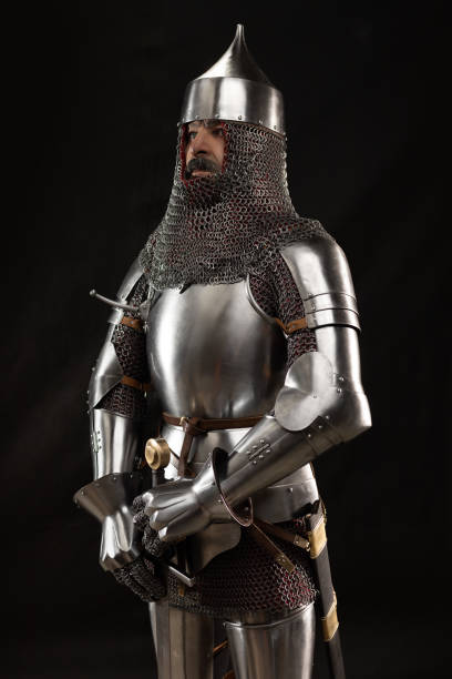 istock Mannequin man with a beard in a helmet and armor of a knight 1220191452