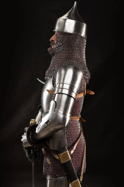 istock Mannequin man with a beard in a helmet and armor of a knight 1220192431