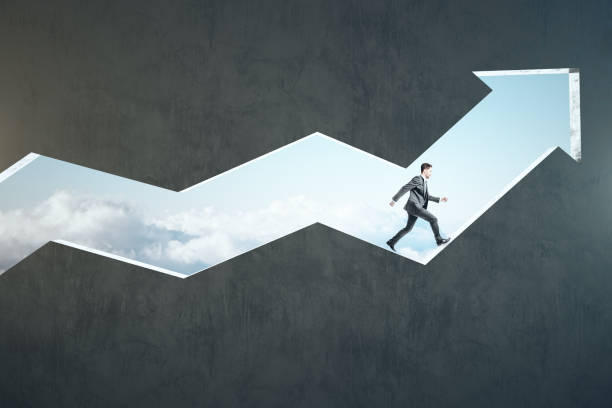 istock Businessman runing on transparent arrow 1220198675
