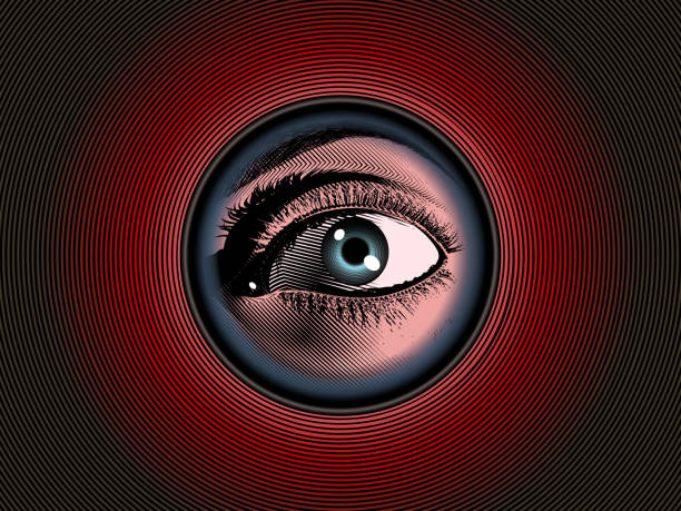 illustrations, cliparts, dessins animés et icônes de regard humain de dessin de cru par le judas sur le bg rouge - keyhole peeking human eye curiosity