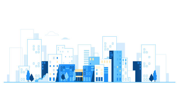Urban landscape. City skyline. Cityscape background with road and cars vector illustration Urban landscape. City skyline. Cityscape background with road and cars vector illustration isolated flat design stock illustrations