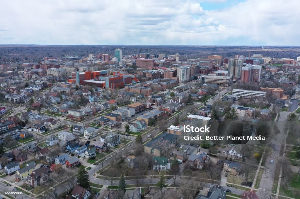 Aerial View of Downtown Ann Arbor, Michigan Aerial view of downtown Ann Arbor and surrounding neighborhoods. Ann Arbor Stock Photo