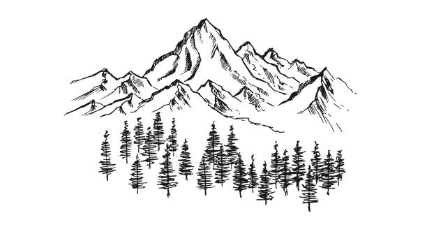 berglandschaft, handgezeichnete illustration - berge stock-grafiken, -clipart, -cartoons und -symbole
