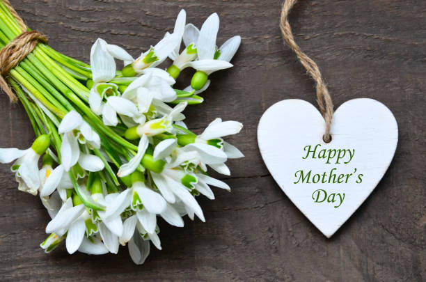 Happy Mother's Day greeting card with snowdrop spring flowers and decorative heart with text on old wooden table.Springtime holidays background stock photo