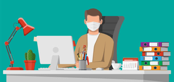illustrazioni stock, clip art, cartoni animati e icone di tendenza di uomo in maschera medica al lavoro sul suo computer - scrivania illustrazioni