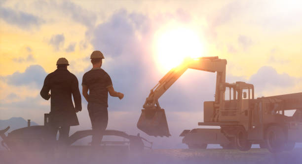 Silhouette of working men on background construction engineering and machines, 3d render Silhouette of working men on background construction engineering and machines, 3d render Earthmoving stock pictures, royalty-free photos & images