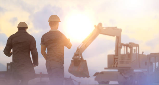 istock Silhouette of working men on background construction engineering and machines, 3d render 1220204165