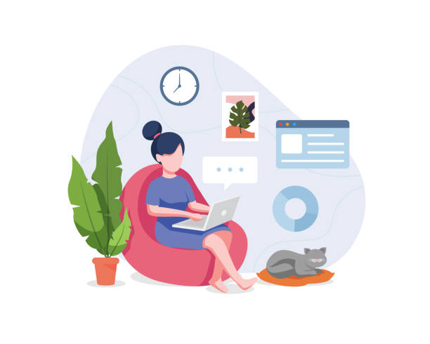 Vector illustration Work from home Young woman sitting on sofa work on the laptop. Freelancer home workplace, Working from home to avoid spreading the coronavirus. Vector illustration in a flat style bean bag illustrations stock illustrations