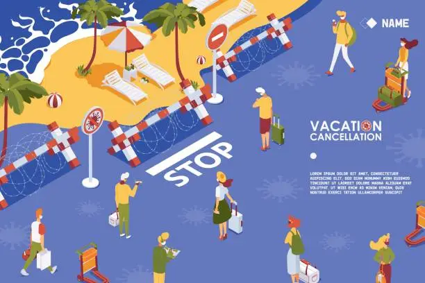 Vector illustration of Vector concept landing page or banner template with people waiting for travel and vacation. Isometric 3d illustration with airport passengers with bags and luggage, palms and sunbeds.