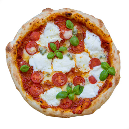 Pizza, made with tomato, mozzarella, basil and olive oil.