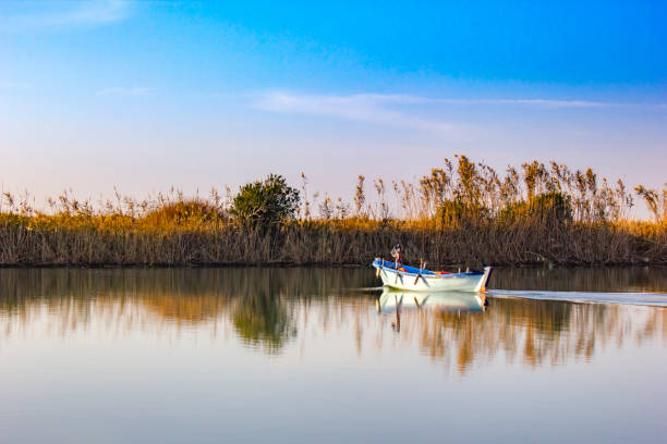 istock Sea, boat and reflection in sunrise light 1220210970