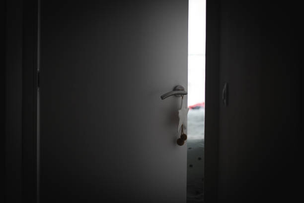 istock Silver handle with decoration on a white door with light coming from the bedroom 1220211215