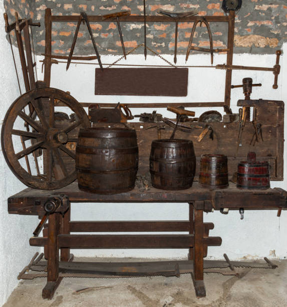 istock A Coopers workbench the complete with barrels, vessels and other cooperage. 1220213120