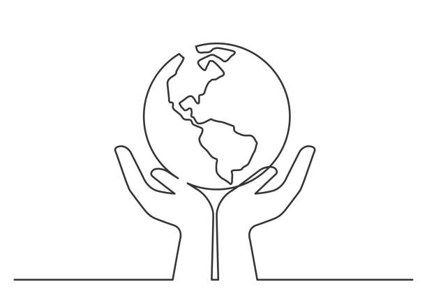 Hands earth one line Continuous line drawing of planet in hands. Globe between two  human hands meaning care and love.  Vector illustration earth in hands stock illustrations