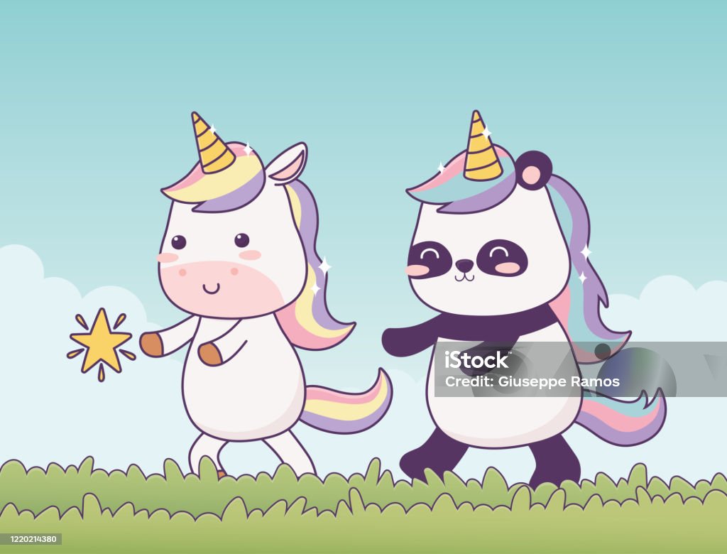 Ilustración de Kawaii Unicornio Y Panda En Hierba Con Personaje De Dibujos  Animados Estrella Fantasía Mágica y más Vectores Libres de Derechos de  Animal - iStock